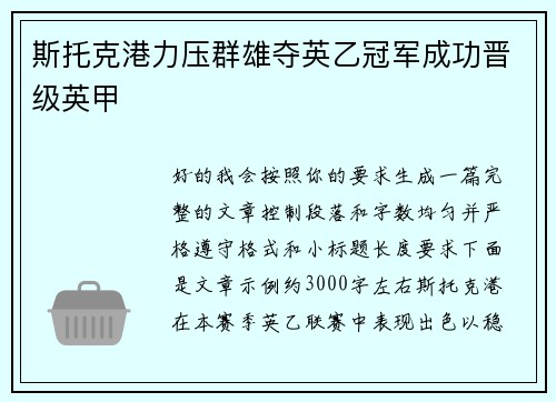 斯托克港力压群雄夺英乙冠军成功晋级英甲